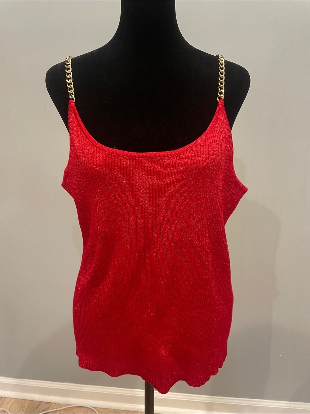 Red glitter glam sleeveless top with gold chain straps like new large